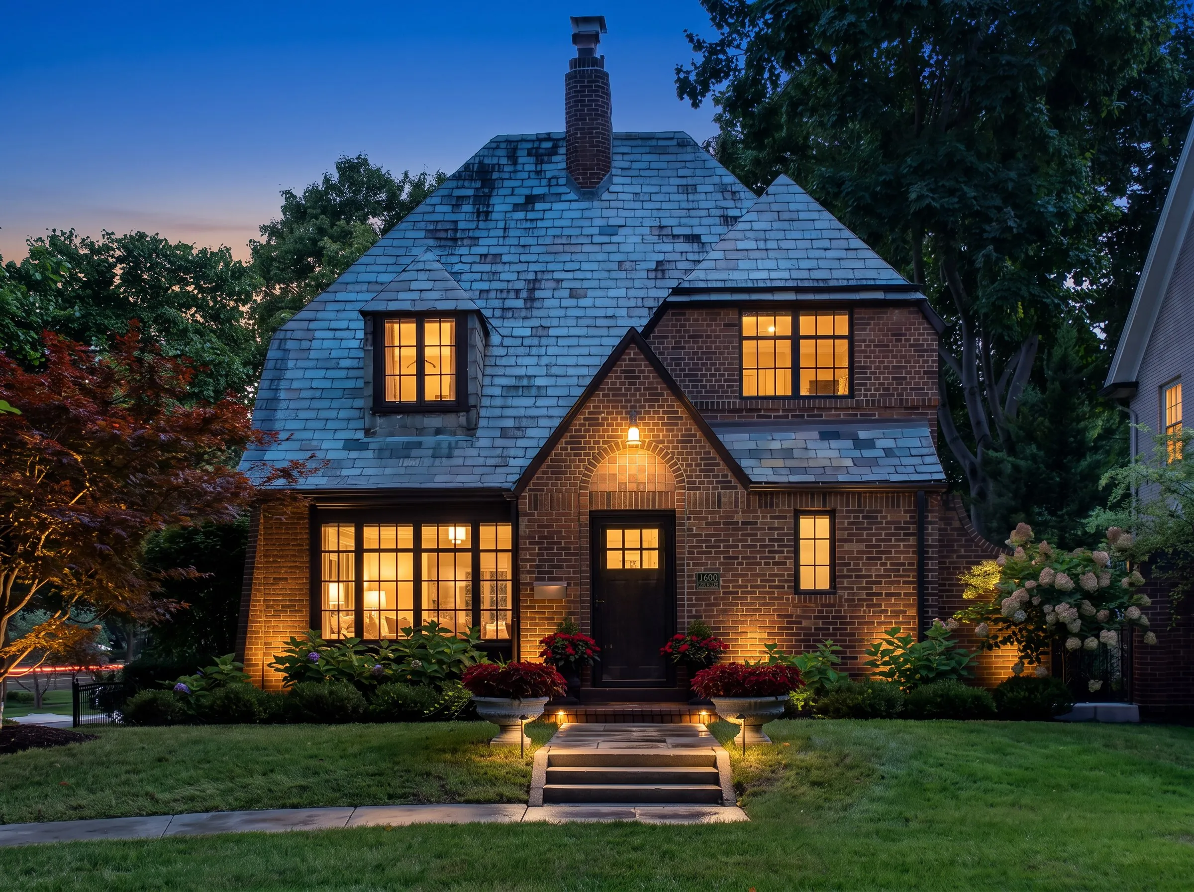 Twilight exterior conversion of a brick Tudor-style cottage shot by Ian K Captures