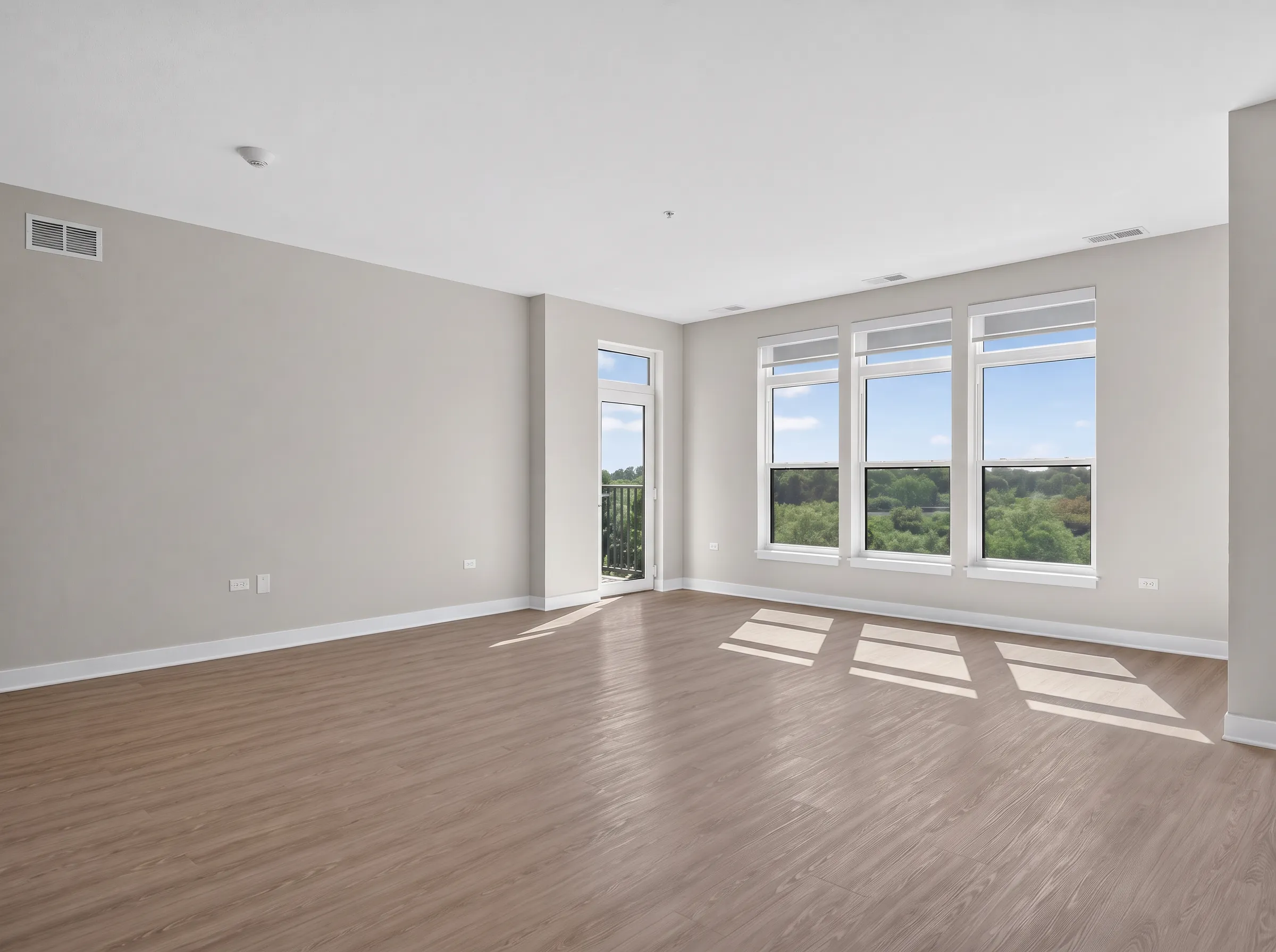 Real estate photography of a bright living area with tall windows in a penthouse unit shot by Ian K Captures